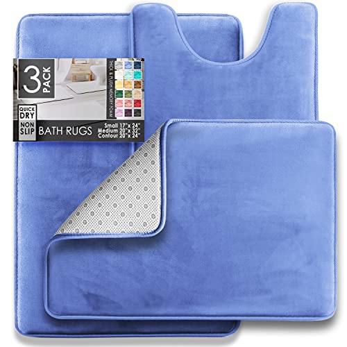 Clara Clark 3 Piece Bathroom Rugs Bath Mat Set, Velvet Memory Foam Bath Mats for Bathroom - Non-Slip, PVC Backing Bath Rugs, Washable - Dries Quickly, Blue - color: Calm Blue, style: 17 x 24 + 20 x 32 + Contour