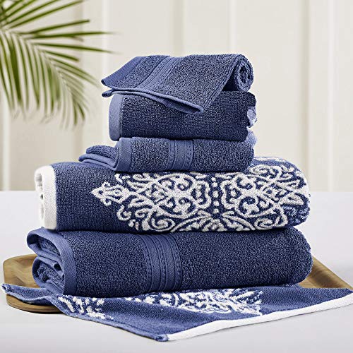Modern Threads 6 Piece Reversible Yarn Dyed Jacquard Towel Set Artesia Damask Indigo - color: Indigo