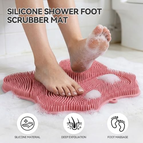 ozner Silicone Shower Foot Scrubber Mat,Back Washer Bath Wash Pad Exfoliating & Massage, Wall Mounted Slip Strong Suction Cups for Use in Cleaner Men and Women (Pink) - color: Pink