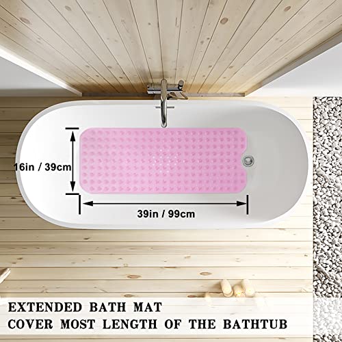 Bathtub and Shower Mats, Extra Long Non-Slip Bath Tub Mat 39 x 16 Inch, Machine Washable Bathmat with Suction Cups & Drain Holes for Bathroom Floor, Clear Pink - color: Clear Pink