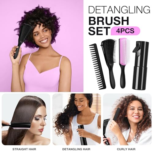 Hommtina Detangling Brush Set with Curly Hair Spray bottle, Bottle Brush Set for Women and Kids Curly Hair (3 PCS, Black+Purple) - color: 3 PCS, Black+Purple, size: 3 PCS