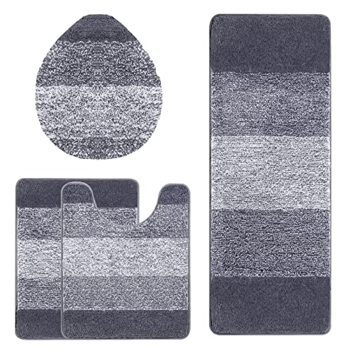 Bsmathom Bathroom Rugs Sets 4 Piece, Soft Absorbent Microfiber Bath Rugs with U-Shaped Contour Toilet Rug and Toilet Lid Cover, Thick Non-Slip Plush Shaggy Bath Mat Set,Dark Gray - color: Dark Grey, size: 18"x26"+18"x48"+U20"x24"+Cover19"x21"