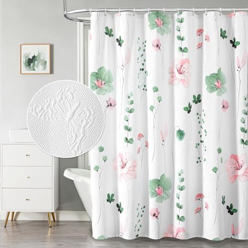 QiyI Watercolor Floral Shower Curtain, 3D Embossed Butterflies Sage Green Botanical Bathroom Curtain, Pink Flowers Cloth Bath Curtain, Waterproof Fabric Textured Shower Curtain Set with Hooks, 72x72 - color: Green, size: 72"W x 72"L (Pack of 1)