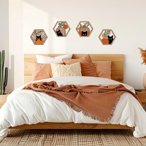 HPNIUB Boho Black Cat Wall Decor, Farmhouse Geometric Hanging Wooden Wall Art, 4 Pieces 11''x9.8'' Mid Century Bohemian Abstract Moon and Sun Wood Sign for Nursery Bedroom Decoration, Lovely Cat Gifts - color: Black cat[orange style]