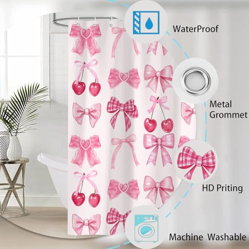 4PCS Pink Bow Shower Curtains Set, with Non-Slip Rugs, Toilet Lid Cover and Bath Mat, Watercolor Aesthetic Cute Cherry Fruit Fabric Shower Curtain for Bathroom Decor, Waterproof 12 Hooks 72X72 - color: Pink
