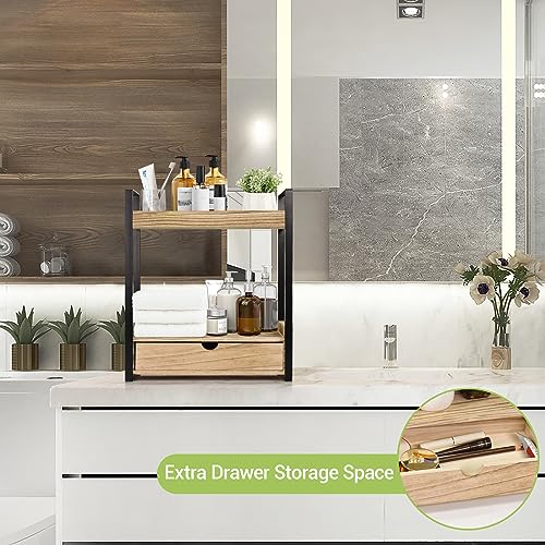 Ukonvi 2-Tier Bathroom Organizer Countertop with Drawer, Wood Counter Shelf for Storage, Vanity Tray for Organization and Decor, Countertop Organizer for Bathroom, Kitchen, Office (Brown) - color: Brown