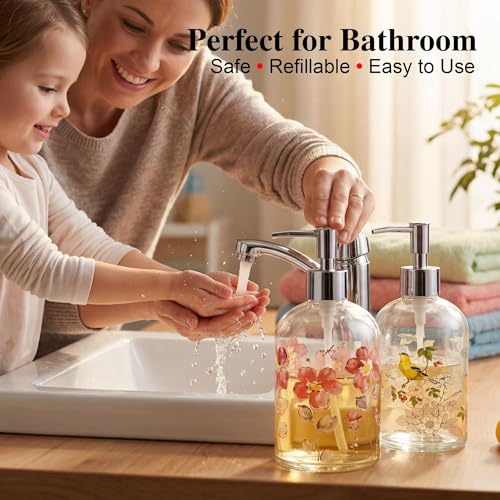 Topadorn Hand and Dish Soap Dispenser Set, 2 Pack 17oz Glass Soap Dispensers with Pump, Refillable Kitchen Soap Bottles, Floral & Goldfinch Decorative Bathroom Counter Decor - color: Purple&bird