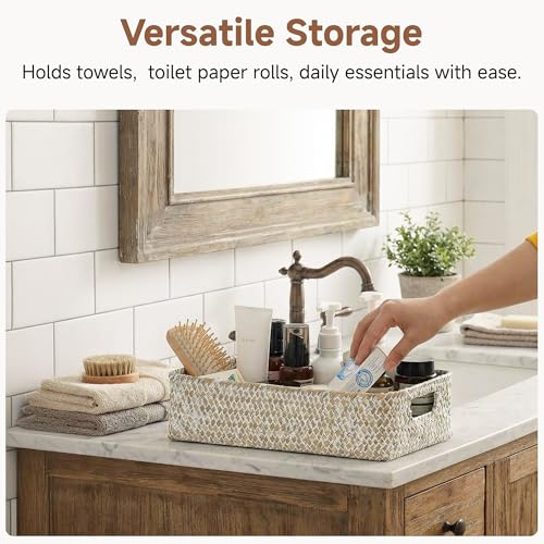 StorageWorks Wicker Toilet Paper Basket for Back of Toilet Baskets, Seagrass Bathroom Basket Organizer and Storage for Tank Topper, Small Tank Trays for Decor with Built-in Handles, Wipe White - color: Wipe White (Seagrass), size: 14¼" L x 6¾" W x 3¾" H