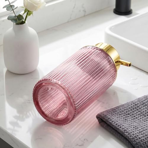 KASUNTING Pink Glass Foaming Soap Dispenser, Ribbed Foam Hand Soap Dispenser for Bathroom, 11 Fl Oz Refillable Foaming Pump Bottle with Black Pump, Modern Dish Soap Foam Dispenser - color: Pink Bottle+ Gold Pump, size: Foam-1 Pack