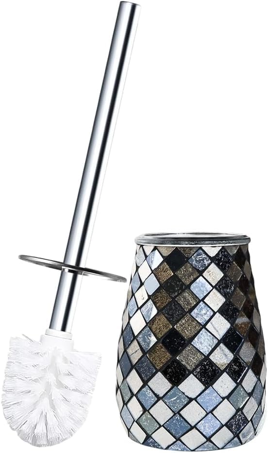 Escenzy Modern Toilet Brush and Holder Set Mosaic Glass | Non-Rustic Stainless Steel | Practical & Decorative Toilet Bowl Brush and Holder | Luxury Black and Gold Bathroom Accessories - color: Black Gold Curve