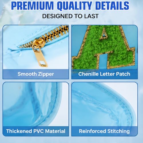 Women Clear Beach Makeup Bag with Chenille Letters-PVC Waterproof Visible Cosmetic Sunscreen Organizer for Pool, Swimming & Travel, Trendy Toiletry SPF Pouch - style: Blue-beach