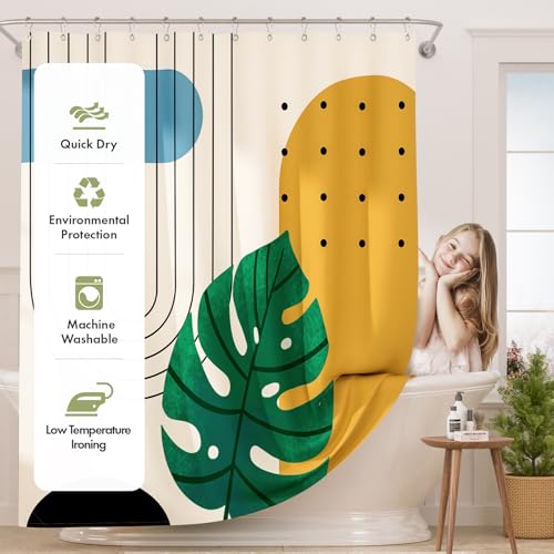 AmazerBath Boho Shower Curtain, Beige and Brown Abstract Cloth Shower Curtain with 12 Metal Hooks, Luxury Washable Farmhouse Polyester Fabric Bathroom Green Leaf Shower Curtain Set, 72x72 Inches - color: D- Boho Leafy+12 Metal Hooks, size: 72"W x 72"L (Pa