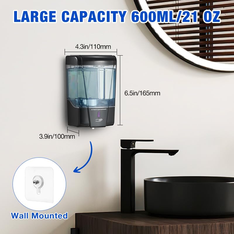 2 Pack Automatic Soap Dispenser Touchless,600 ml / 20 oz Commercial Hand Soap Dispenser,Wall Mount Hand sanitizer Dispenser for Bathroom Offices Home Kitchen Hotel（Black） - color: Black