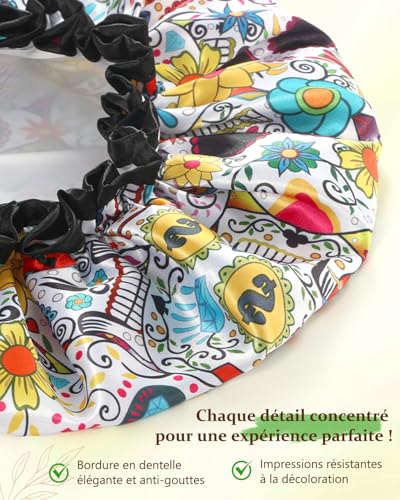 mikimini Shower Cap for Women Reusable Waterproof, Hair Cap for Shower with Double Layers, Stylish Vibrant Designed Shower Bonnet for Medium Thick Hair, Medium, 2 Pieces - size: Medium (Pack of 1)