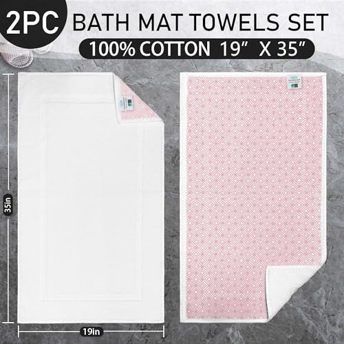 VOOVA & MOVAS Absorbent White Cotton Bath Mats Set of 2 Bathroom Rugs - Non Slip Function, Thick 970gsm, Machine Washable, Luxury Style, Large 20"x32" Rubber Backed Bathroom Mats, Quick-Dry - color: White, size: 19"x35"