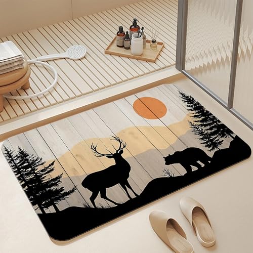Bathroom Floor Mat,Rustic Deer Bear Bathroom Rugs,Quick Dry Farmhouse Forest Diatomaceous Bath Mat,Non Slip Super Absorbent Soft Floor Mat for Home Kitchen Dorm Patio 17 X 29.5 Inch - color: Rustic Deer Bear