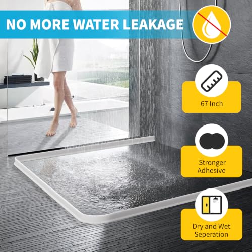 67" Collapsible Shower Threshold Water Dam Shower Water Stopper Barrier Keeps Water Inside Threshold Dry and Wet Separation Suitable for Bathroom Kitchen Sink Bathtub and More