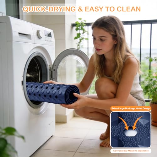 Yimobra Bathtub Mat Non Slip, 27.5"X15.5" Machine Washable Shower Floor Mat, Soft on Feet, Bathmat with Drain Holes and Suction Cups, Bathroom Essentials, Dark Blue - color: Dark Blue, size: 27.5 X 15.5 Inch
