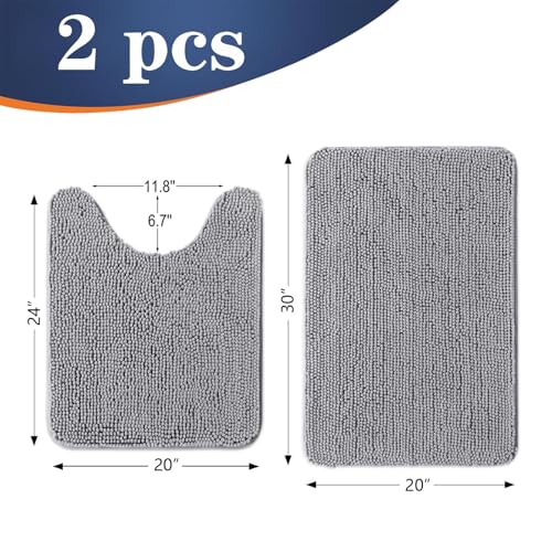 OLANLY Bathroom Rugs Sets 2 Piece, Soft Absorbent Chenille Bath Mats and U-Shaped Contour Toilet Mat Area Rug Set, Machine Washable Bath Carpet, Home Decor Accessories (30"x20"+24"x20", Grey) - color: Grey, size: 30" X 20" + U24" X 20"