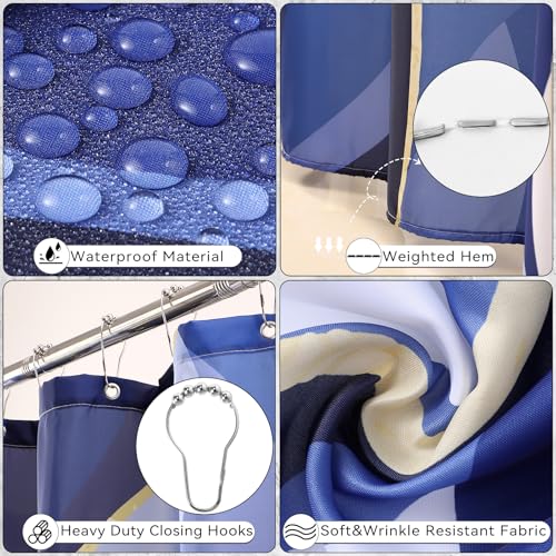 XLHOMO Bathroom Set - Blue and Gold Bathroom Accessories, Bathroom Sets with Shower Curtain and Rugs, Navy Blue Shower Curtain Set with Bathroom Trash Can, Soap Dispenser, Soap Dish for Home Decor - color: Stripe Blue & Gold, size: Complete Set + Bath Rug