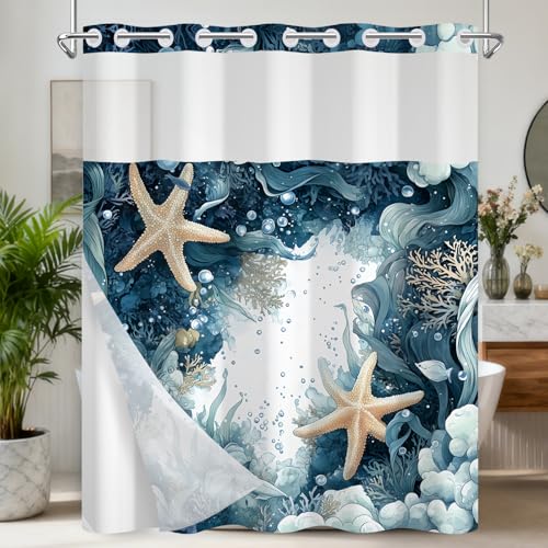 No Hook Spa-Like Ocean Shower Curtain, Blue Shower Curtains for Bathroom with Snap in Weighted Shower Curtain Liner and See Through Window, Starfish Nautical Bathroom Decor, 71x74 Inches - color: Deep Blue Seascape