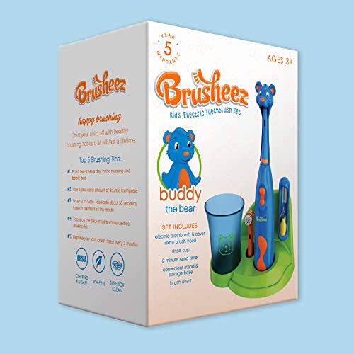 Brusheez Kids’ Electric Toothbrush Set - Safe & Effective for Ages 3+ - Parent Tested & Approved with Gentle Bristles, 2 Brush Heads, Rinse Cup, 2-Minute Timer, & Storage Base (Buddy the Bear) - color: Buddy the Bear