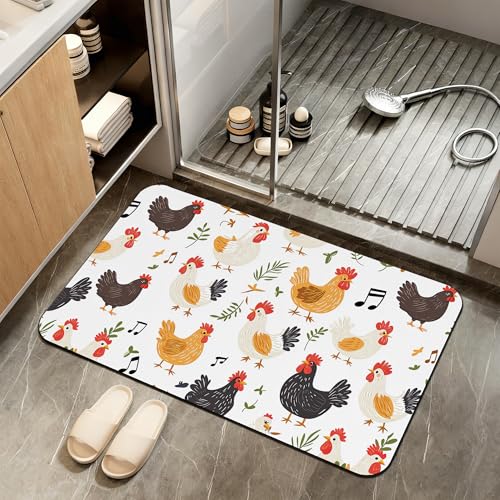 Non Slip Bath Mat, Chickens Roosters Bathroom Decor, Leaves Music Notes Diatomaceous Bath Mat Quick Dry Absorbent Bathroom Rugs-Shower Rug for Kitchen Laundry Bathtub Shower 17"x29.5" - color: Chickens Roosters, Leaves Music Notes