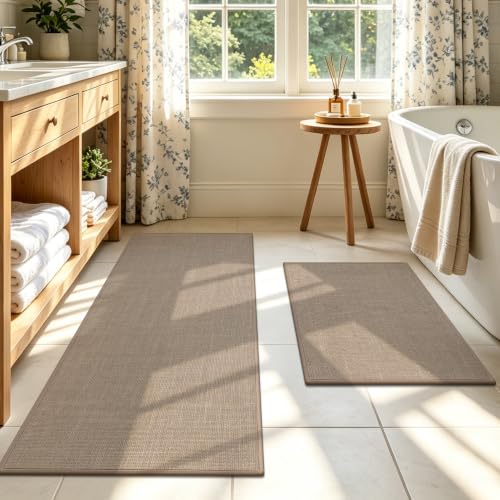 SHACOS Bath Mat Set of 2, Ultra Thin Washable Bathroom Rugs, No Slip Rubber Bath Rugs for Bathroom, Quick Dry Absorbent Bathroom Mat for Shower Outside Floor Toilet Sink (17"x24"+17"x47") - color: Brown, size: 17"x24"+17"x47"