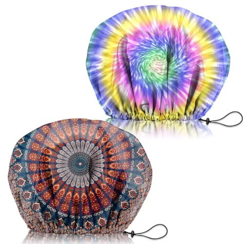 2 PCS Shower Cap Adjustable Reusable Double Waterproof Layer Elastic Hair Bath Cap Cute Aesthetic for Women Girls-Multicolour 2 - color: I17-Multicolour 2