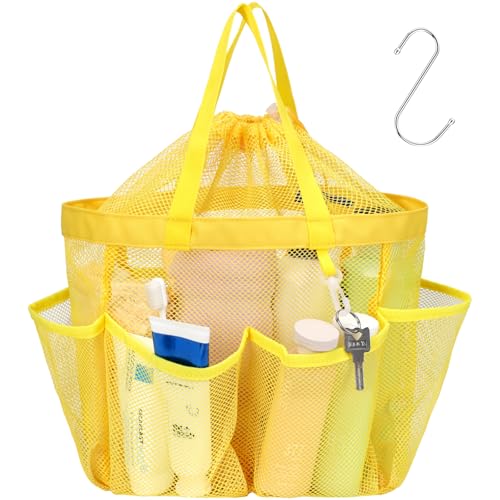 Mesh Shower Caddy Portable with Drawstring - 2-Handle Shower Bag for Dorm | 8 Deep Pockets, S-Hook, Quick-Dry Mesh, College Dorm Room Essentials for Girls, Camping, Gym, Travel, Yellow - color: Yellow with Drawstring, size: L (Classic Dorm Caddy)
