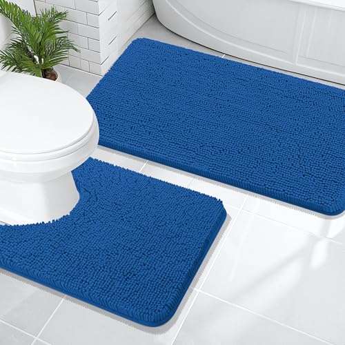 OLANLY Bathroom Rugs Sets 2 Piece, Soft Absorbent Chenille Bath Mats and U-Shaped Contour Toilet Rug Set, Machine Washable Bath Carpet, Home Decor Accessories(47"x20"+24"x20", Deep Navy Blue) - color: Deep Navy Blue, size: 47" X 20" + U24" X 20"