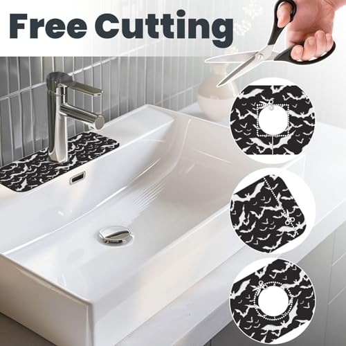 Bats Halloween Goth Silhouettes Black White 15" X 5.5" Kitchen Sink Splash Guard Faucet Faucet Guard Draining Mat Sink Splash Guard Faucet Kitchen Bathroom - color: Bats Halloween Goth Silhouettes Black White
