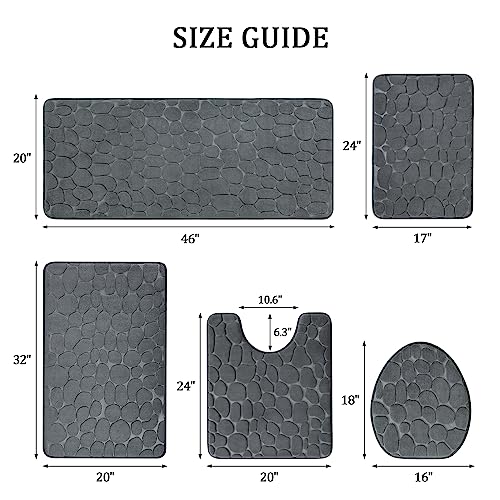 YIHOUSE Bathroom Rugs Mat Set, Memory Foam Bath Mat 5 Piece Dark Grey | Non Slip, Water Absorbent, Washable, Bath Mat For Bathroom, Sink and Toilet - color: Dark Grey, size: 3'11" x 1'8" (Rectangular)