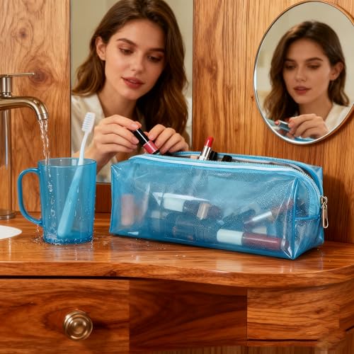 Waterproof Makeup Bag,10 x 3.5x 2 inch Blue TPU Travel Toiletry Bag with Handle for Women & Men, Portable Cosmetic Pouch for Gym Swim Beach (A250030-524-6) - color: Sky Blue