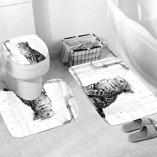 4 Piece Black and White Shower Curtain Set with Rugs, Cute Leopard Taking a Shower Art, Aesthetic Funny Animal Waterproof Fabric Bathroom Decor, Non-Slip Mat, U-Shaped Rug & Toilet Lid Cover - color: White