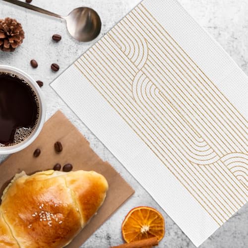 White Gold Abstract Kitchen Towels, Mid Century Modern Dish Towels, Boho Minimalist Line Decorative Hand Tea Towel for Bathroom Kitchen, 16x24 Inches - color: White Gold