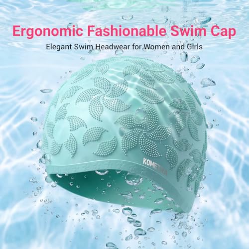Women Swim Cap 2 Pack for Long Hair, Silicone Flower Adult Swimming Caps Waterproof for Girl Youth No Wet Hair - color: Mint & Purple