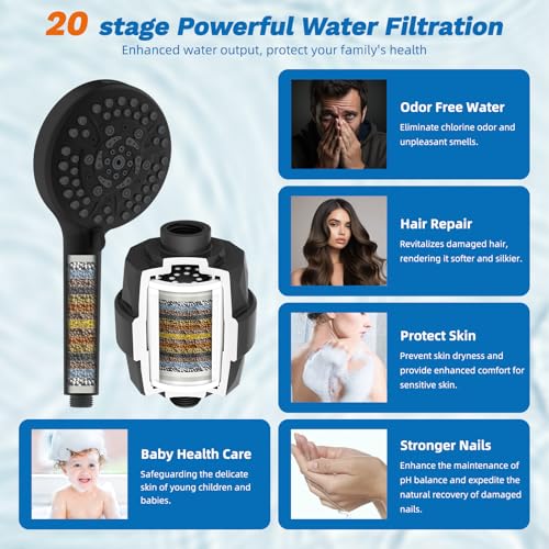 Hibbent 5-spray Dual Filtered Rainfall Shower Head Combo, High Pressure 13'' Showerhead with 10 Spray Mode Handheld, Easy Reach 4-way Diverter Shower Arm with Pause Mode, 71'' Hose and Holder, Black - color: Black, style: Square 13" with filter