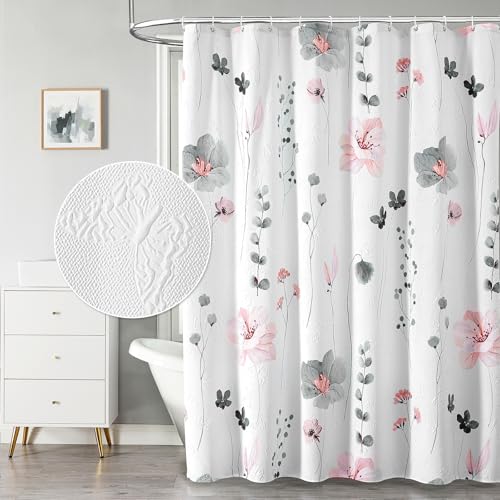 QiyI Watercolor Floral Shower Curtain, 3D Embossed Butterflies Grey Pink Flower Bathroom Curtain, Minimalist White Cloth Bath Curtain, Waterproof Fabric Textured Shower Curtain Set with Hooks, 72x72 - color: Graphite Gray, size: 72"W x 72"L (Pack of 1)