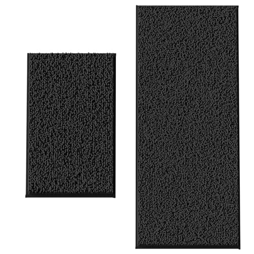 Bathroom Rugs Set 2 Piece Thick Chenille Kitchen Mats,Quick Dry Absorbent Bath Rugs With Non-Slip Pvc Backing,Bath Mats for Bathtub,Bedroom,Living room -Home Decor Large Rugs 60x24+32x20 Inch Black - color: Black, size: 60" x 24"Plus + 32" x 20"