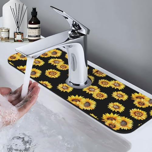 Faucet Draining Mat For Kitchen Sink, Sunflower Flower Black Diatom Mud Absorbent Drain Pad For Bathroom Kitchen Sink Splash Guard Drying Mat - color: Sunflower Flower Black
