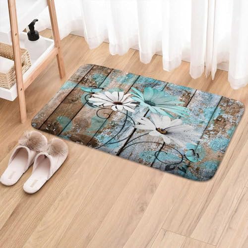 Farmhouse Floral Flower Bath Mat, Teal Daisy Rustic Wooden Plank Country Barn Wood Turquoise Blue Non-Slip Flannel Soft Doormat Floor Entryways Outdoor Indoor Front Door Mat, 16X24 - color: Teal-01, size: 1'4" x 2' (Rectangular)