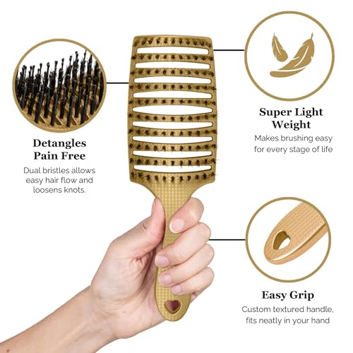 HAPPY HAIR BRUSH Happy Detangler Paddle Brush with Boar Bristles & Nylon Pins | Designed by Women to Detangle & Smooth Thick, Fine or Curly Hair | Pain-Free Slick Back Brush, Ultra Lightweight (Gold) - color: Gold