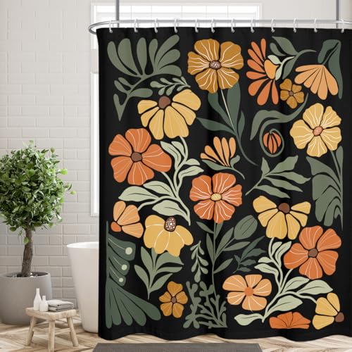 Orange Floral Shower Curtain Large Extra Long Black Cute Flower Vintage Farmhouse Rustic Retro Funny Aesthetic Botanical Bohemian Fabric Cloth Bathroom Decor Set 72x84 inch Polyester 12 Hooks - color: Black Orange, size: 72"W x 84"L (Pack of 1)