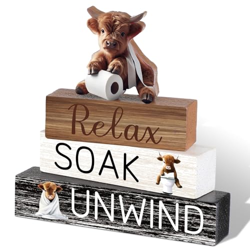 Cinnvoice 4 Pcs Highland Cow Bathroom Decor Farmhouse Bathroom Decoration Western Relax Soak Unwind Table Centerpiece Gift for Christmas Valentines Back to School - style: Relax Soak Unwind