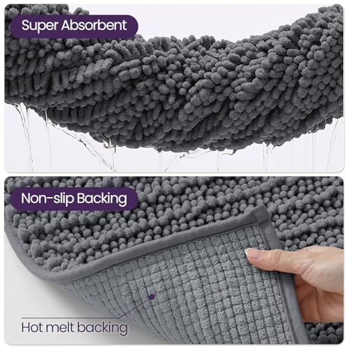 DEXI Bathroom Rugs 24x16, Super Soft Thick Chenille Absorbent Bath Mat, Non Slip Machine Washable Fluffy Shag Bathmat for Sink, Tub, Shower Floor, Grey - color: Grey, size: 24" X 16" (Rectangular)
