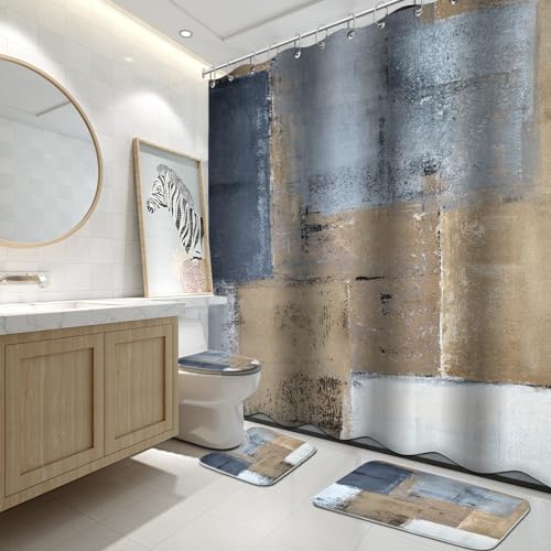 Lnond 4Pcs Bathroom Shower Curtain Sets with Rugs,Brown and Blue Painting Art Bathroom Sets with Shower Curtain and Rugs and Accessories - color: Blue Grey White Abstract-01