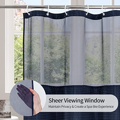 MitoVilla Navy Blue Small Stall Shower Curtain 36 x 72, Narrow Half Size Weave Fabric Shower Curtain Set with Water-Repellent Snap-in Liner for Modern Neutral Hotel Bathroom Decor - color: Navy, size: 36"W x 72"L (Pack of 1)