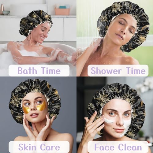 Luxury Shower Cap Silk Satin Lined Waterproof Reusable Adjustable Elastic Dry Hair Bathing Caps Cute for Women Girls-Sun Moon - color: C-10-Sun Moon