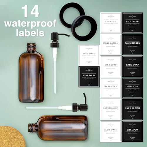 Vine Creations Amber Glass Soap Dispenser, 2 Pack Kitchen Soap Dispenser Set with Stainless Steel Pump, 16 oz Dish Soap and Hand Soap Dispensers for Bathroom with Waterproof Labels - color: Amber Bottle / Round Oil Rubbed Bronze Pump